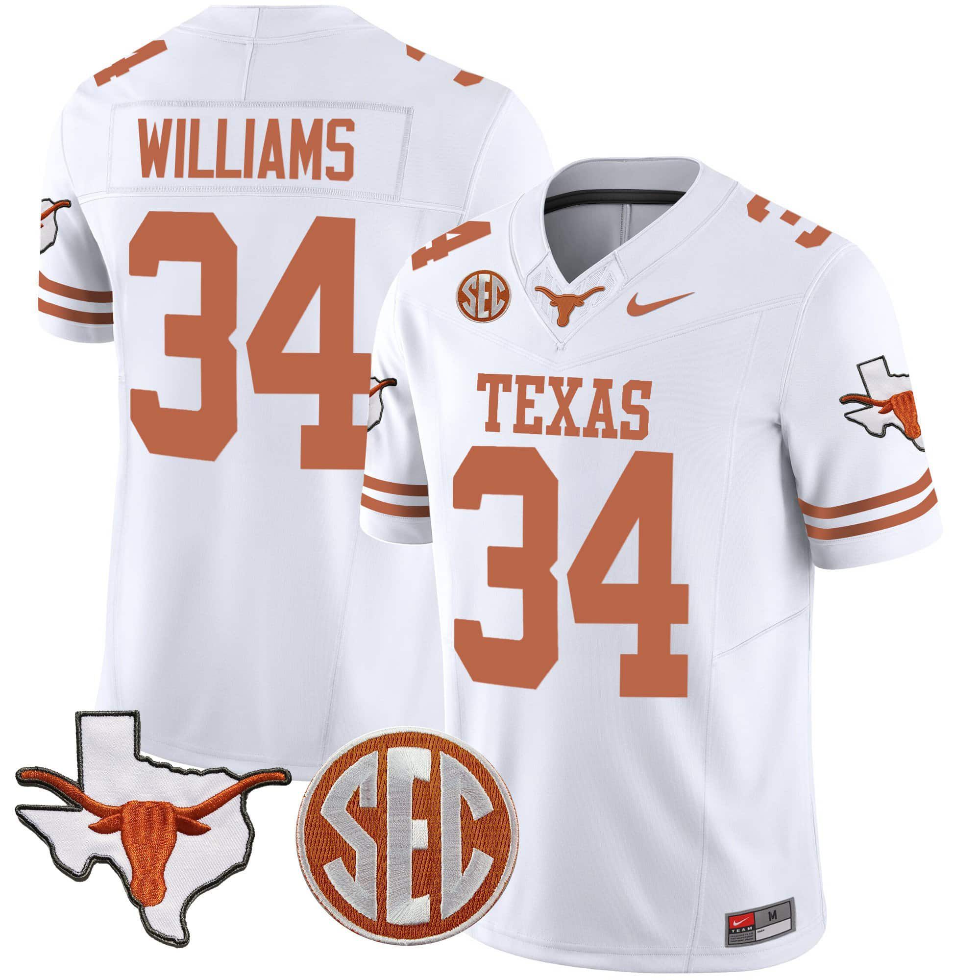 Men Texas Longhorns 34 Williams White 2024 Nike State Map & SEC Patch Vapor NCAA Jersey